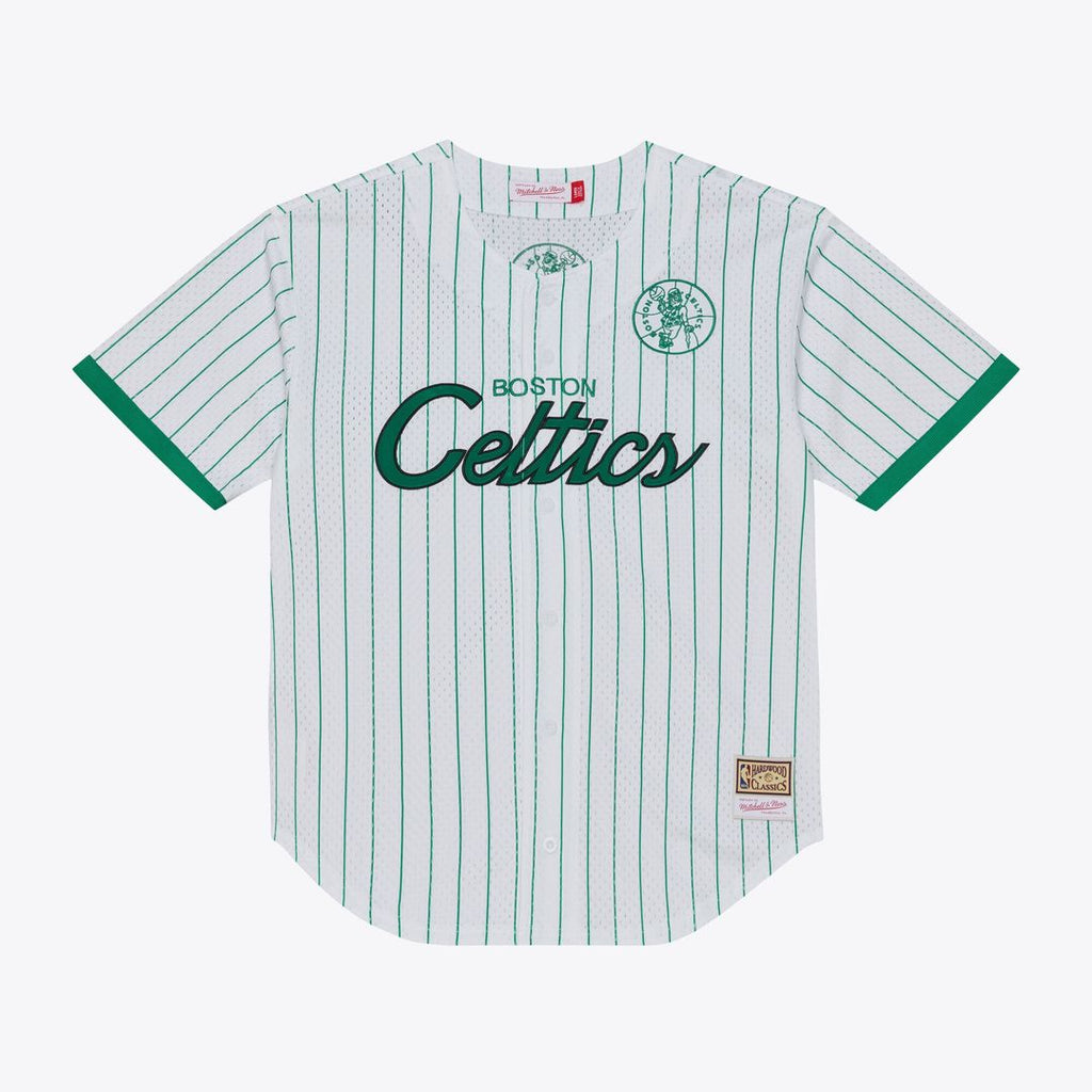 Boston Celtics Mitchell & Ness Head Coach Pinstripe Mesh Full - Button Baseball Jersey - White