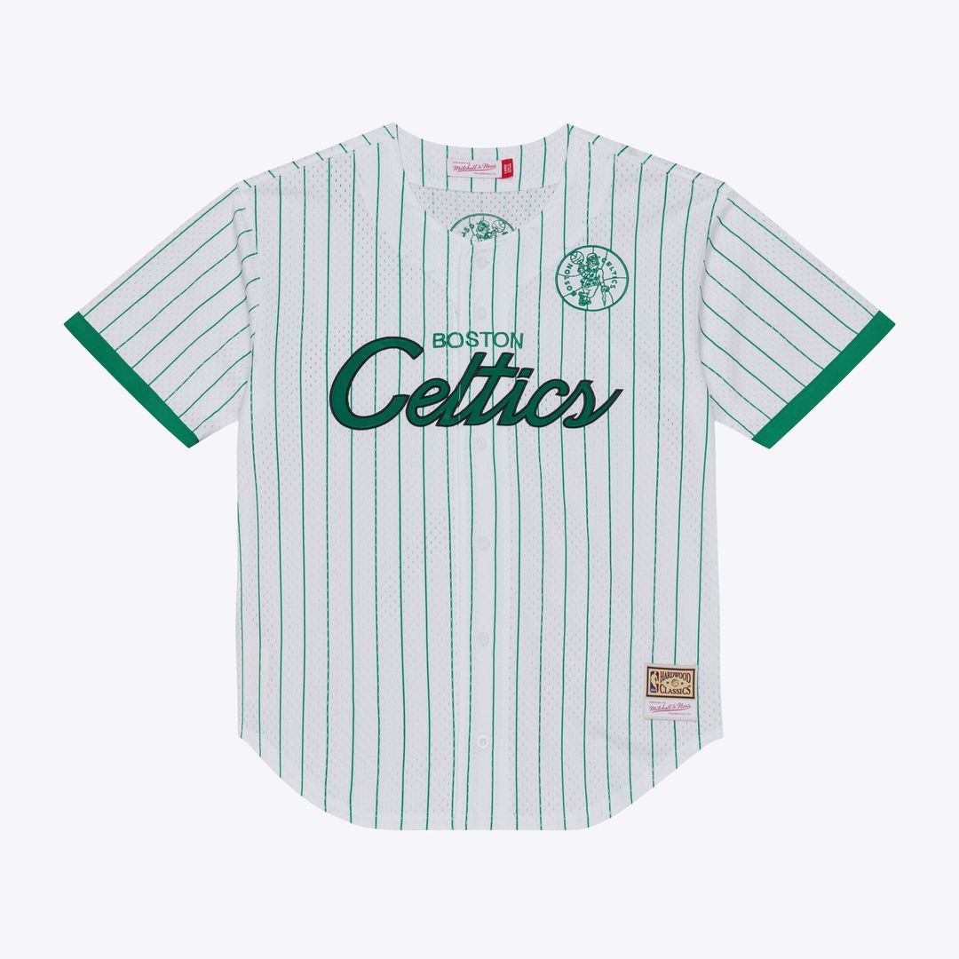 Boston Celtics Mitchell & Ness Head Coach Pinstripe Mesh Full - Button Baseball Jersey - White