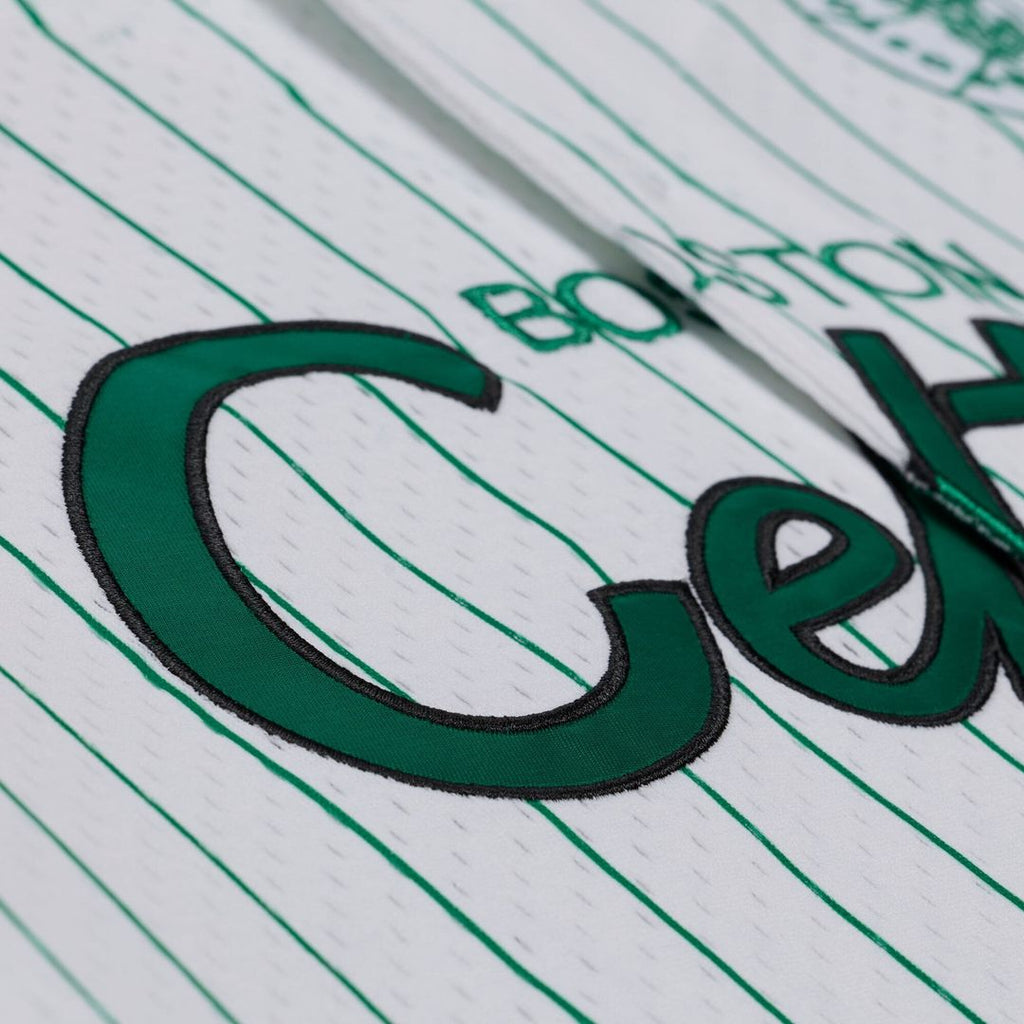 Boston Celtics Mitchell & Ness Head Coach Pinstripe Mesh Full - Button Baseball Jersey - White